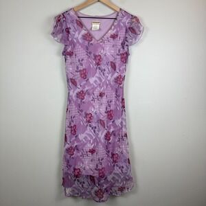 Vtg Expressions Dress 12 Purple Pink Floral Fairy Flutter‎ Sleeve Cottage Y2K